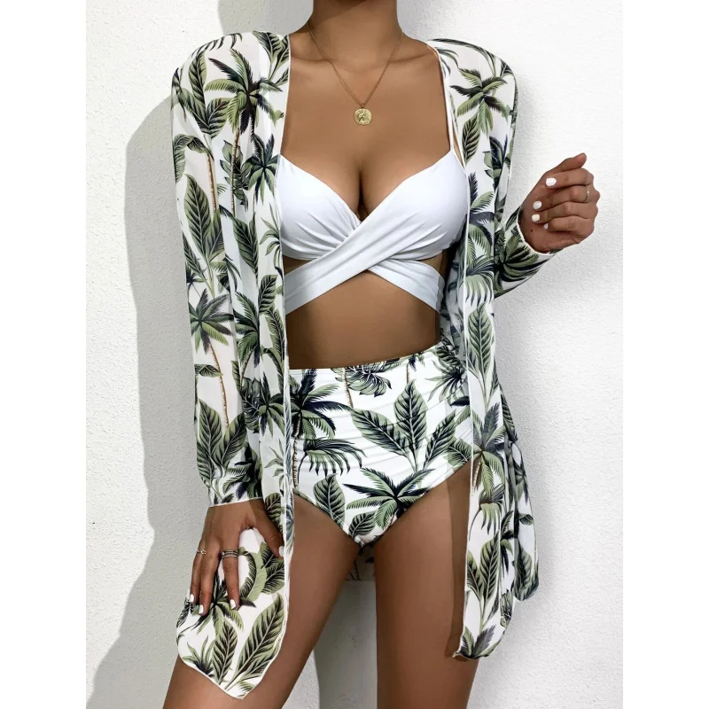 Costume da bagno da donna con Top avvolgente Bikini a vita alta con Cardigan Kimono costume da bagno a tre pezzi Set copricostume da spiaggia in rete C