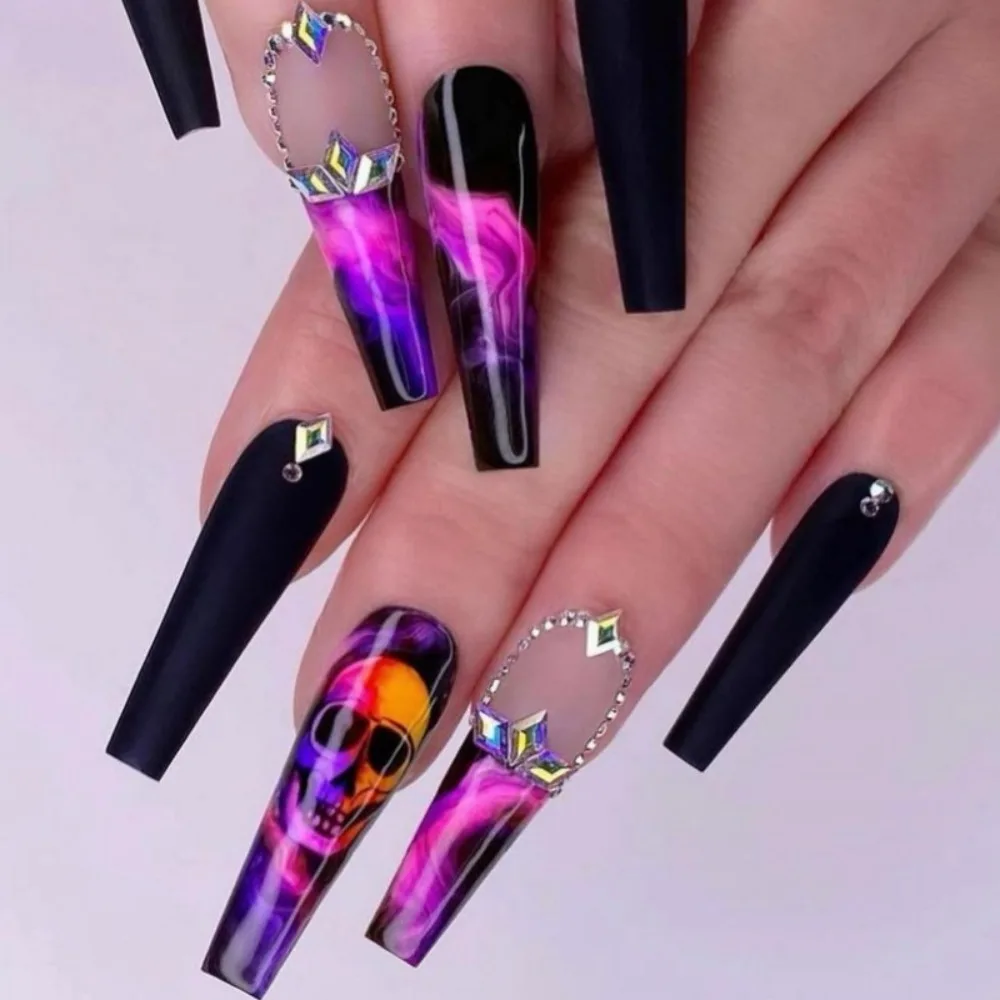 Reusable Full Cover Halloween Fake Nails Detachable Wearable Pumpkin Nails Long Length Ballet Artifical False Nail Girl