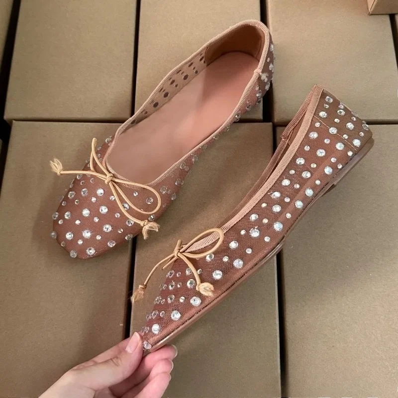 

Summer Breathable Mesh Women Ballet Flats Bling Diamond Bow Decoration Soft Sole Brand Designer Leisure Ladies Mary Jane Shoes