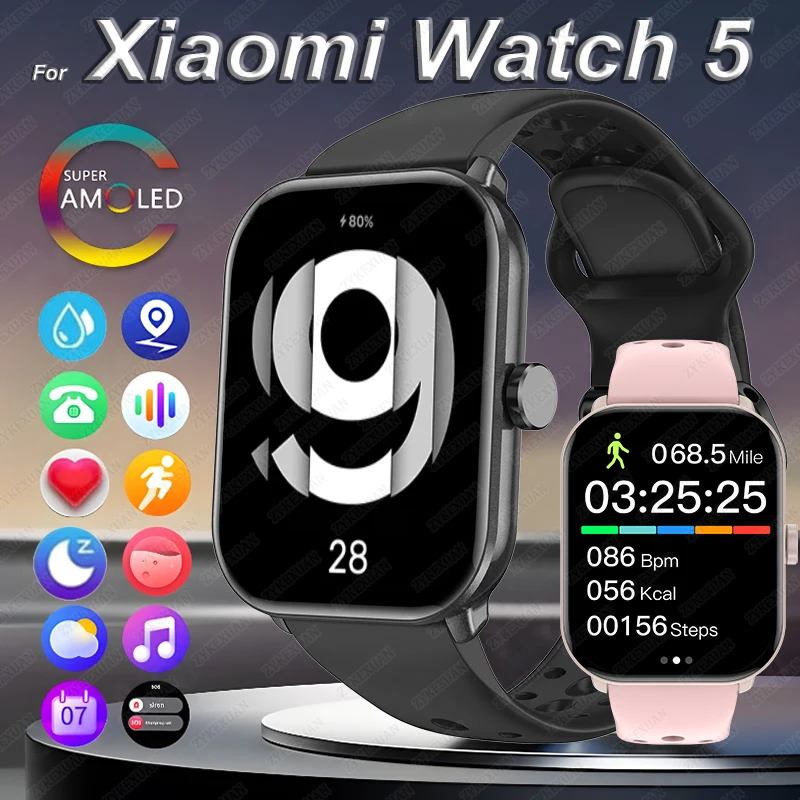 For Xiaomi Watch 5 Smart Watch Men Women HD AMOLED HD Display Heart Rate Bluetooth Call 100+ Sports Modes Waterproof Smart Watch