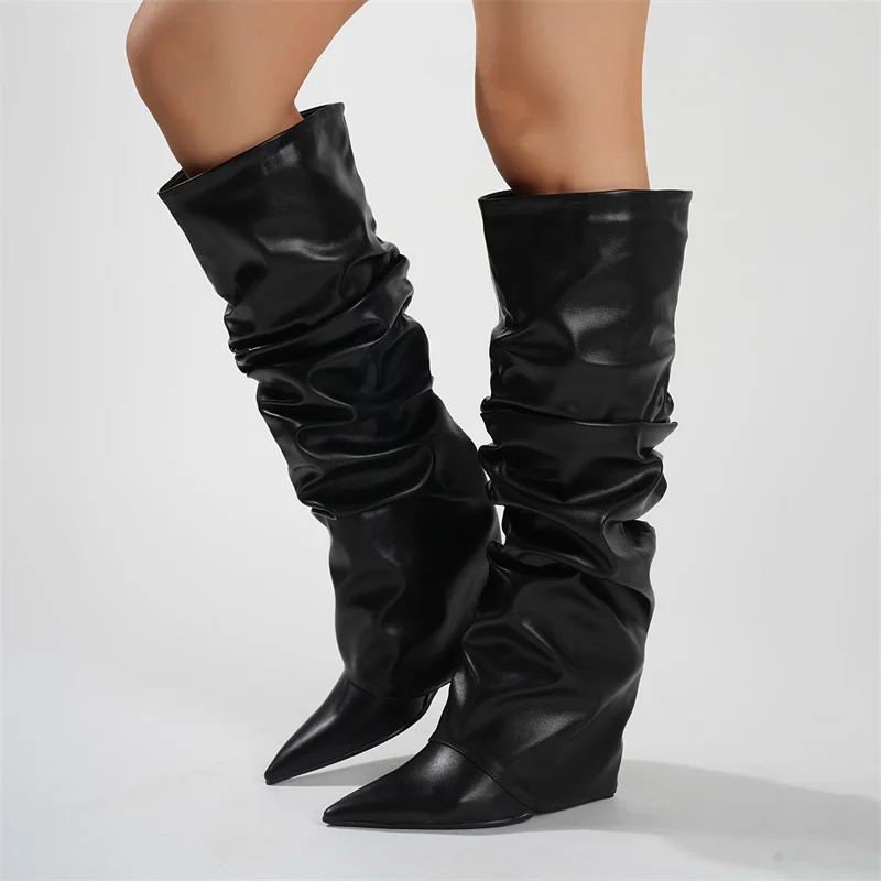 

Pleated Black Leather Women's Knee High Boots Sexy Slip On Wedges Shoes Party Ladies Pointed Toe Women High Knee Botas Femininas
