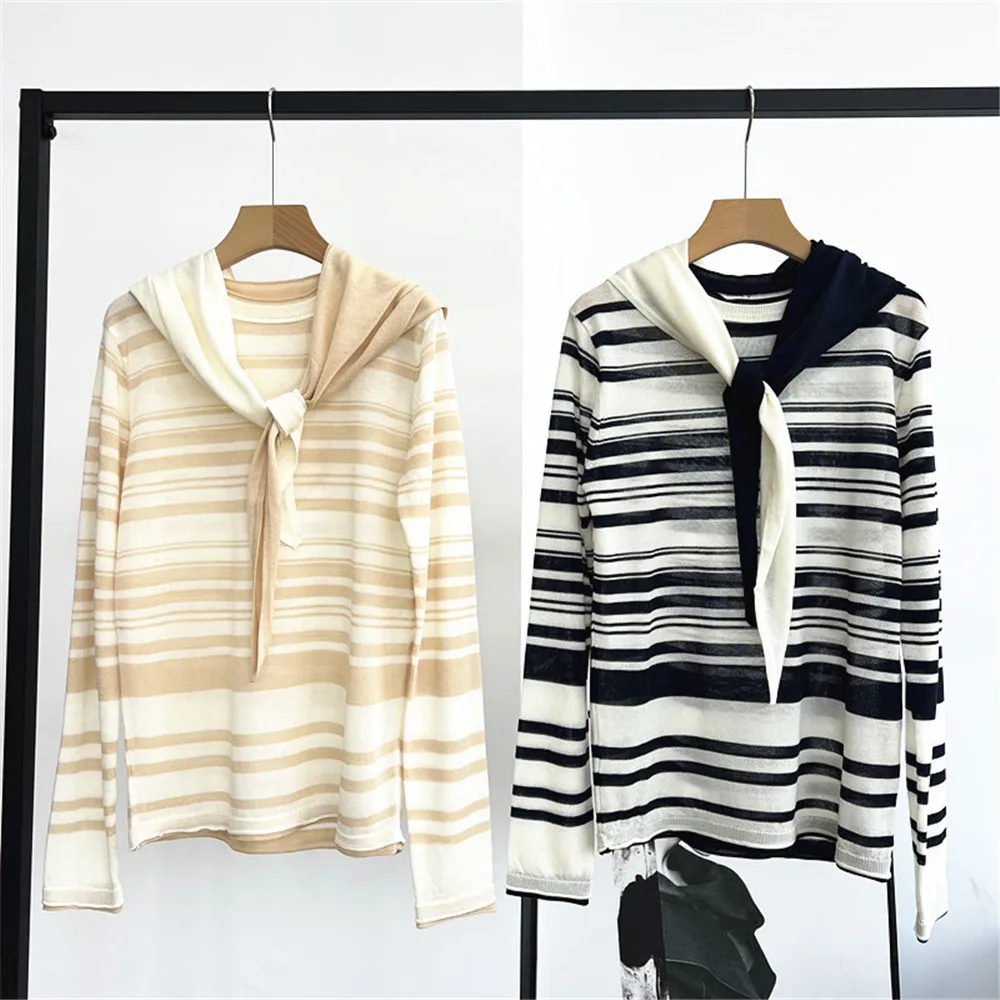

25 Early Autumn New Women's Contrasting Striped Shawl Pullover Round Neck Long Sleeved Knitted Base Sweater