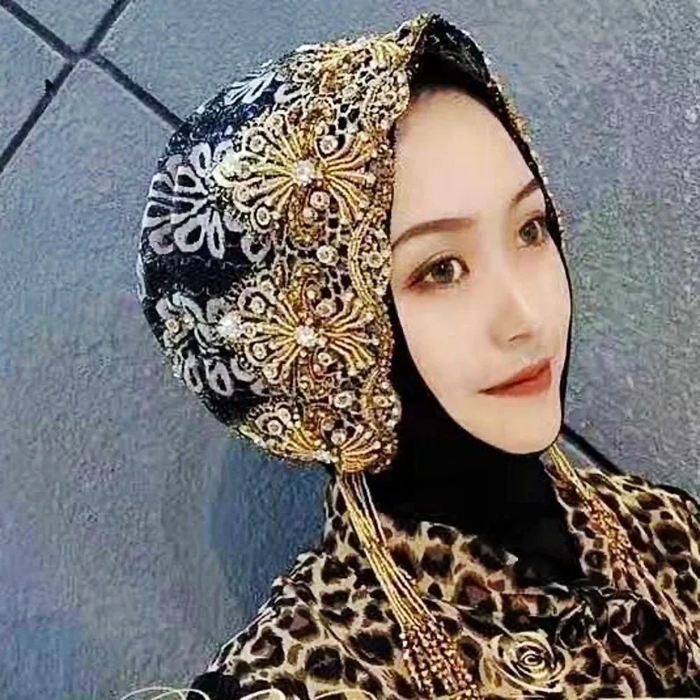 

2025 Hot Sale Mesh Bead Tube & Acrylic Diamond Embroidered Hat Set for Dubai Arabian Women