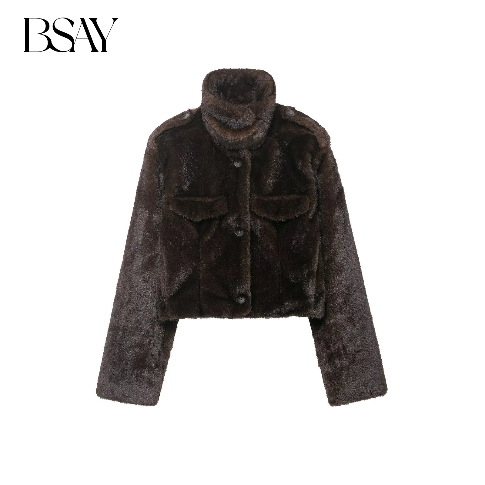 

BSAY Artificial Fur Effect Short Jacket for Women Fashion Autumn Winter New Long Sleeve Single Breasted Pocket Jackets Coat