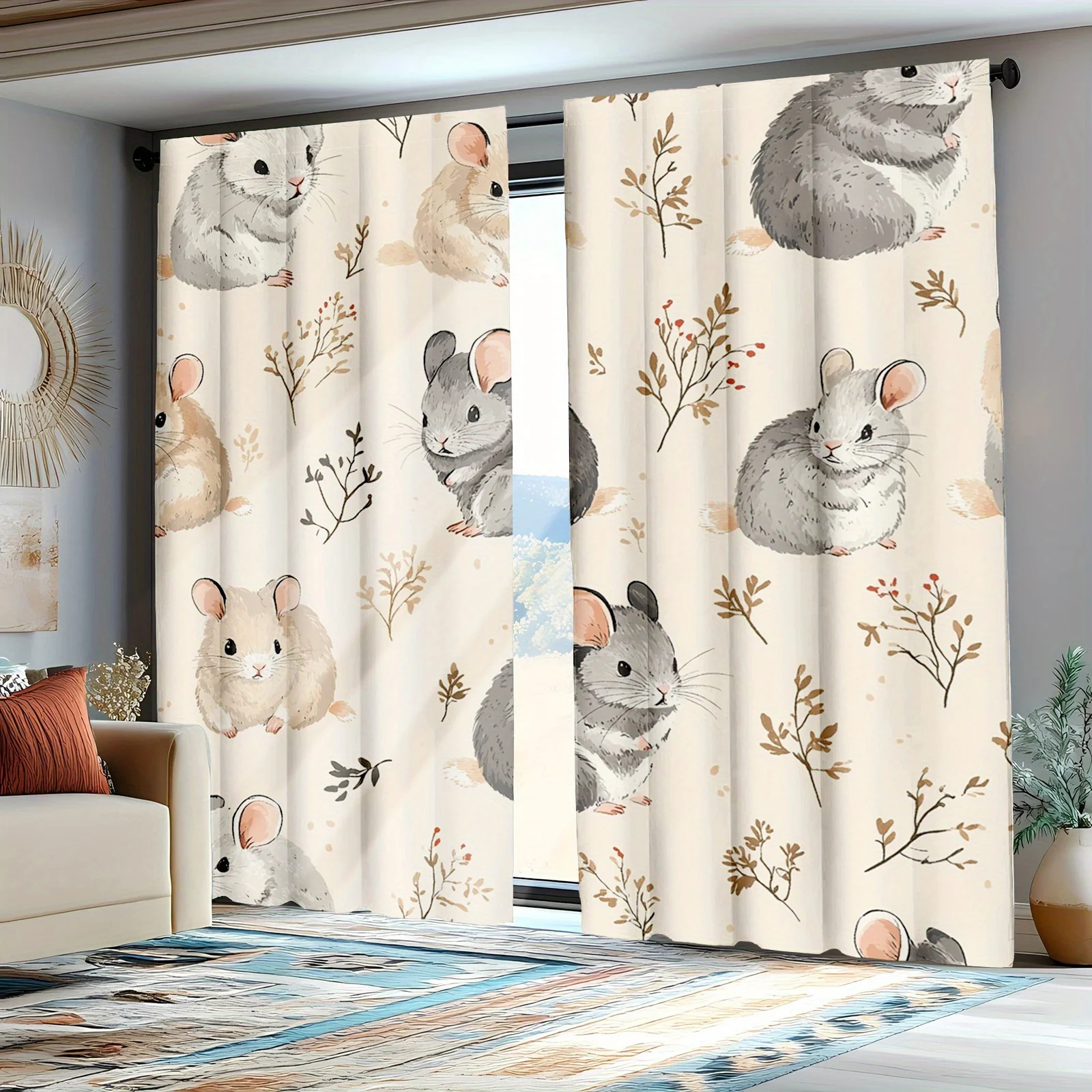 2pc Totoro leaf and flower patterned curtains, made of polyester fabric, machine washable, suitable for bedrooms living rooms