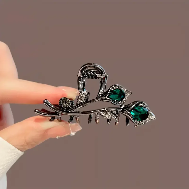 Elegant Retro Style Tulip Hair Claws - Medium Size, Alloy Inlaid with Rhinestones, Suitable for Ponytail and High Bun Hairstyles