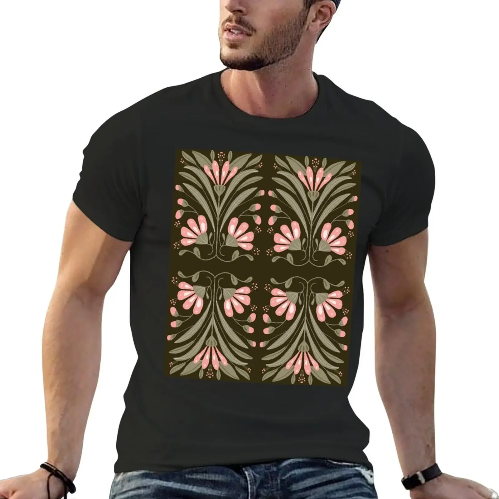 

Pink Nouveau Floral Design T-Shirt T-shirts man vintage anime shirt funny shirt cotton kawaii clothes t shirt for men