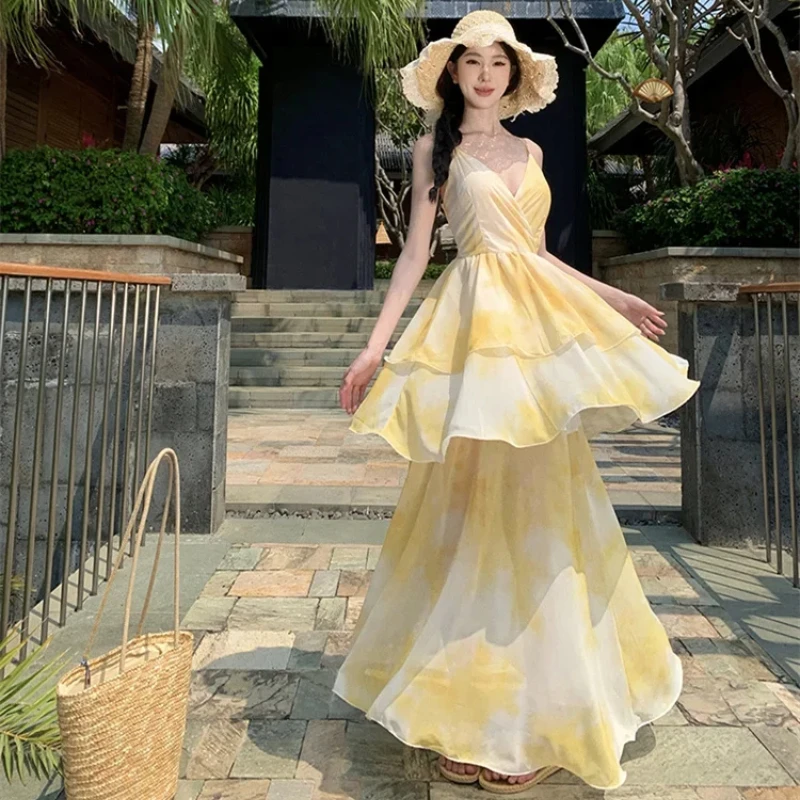 Summer Seaside Vacation Beach Dress Fairy V-neck Floral Long Suspender Dress Women Sunset Yellow Cake Dress Vestidos Verano Moda