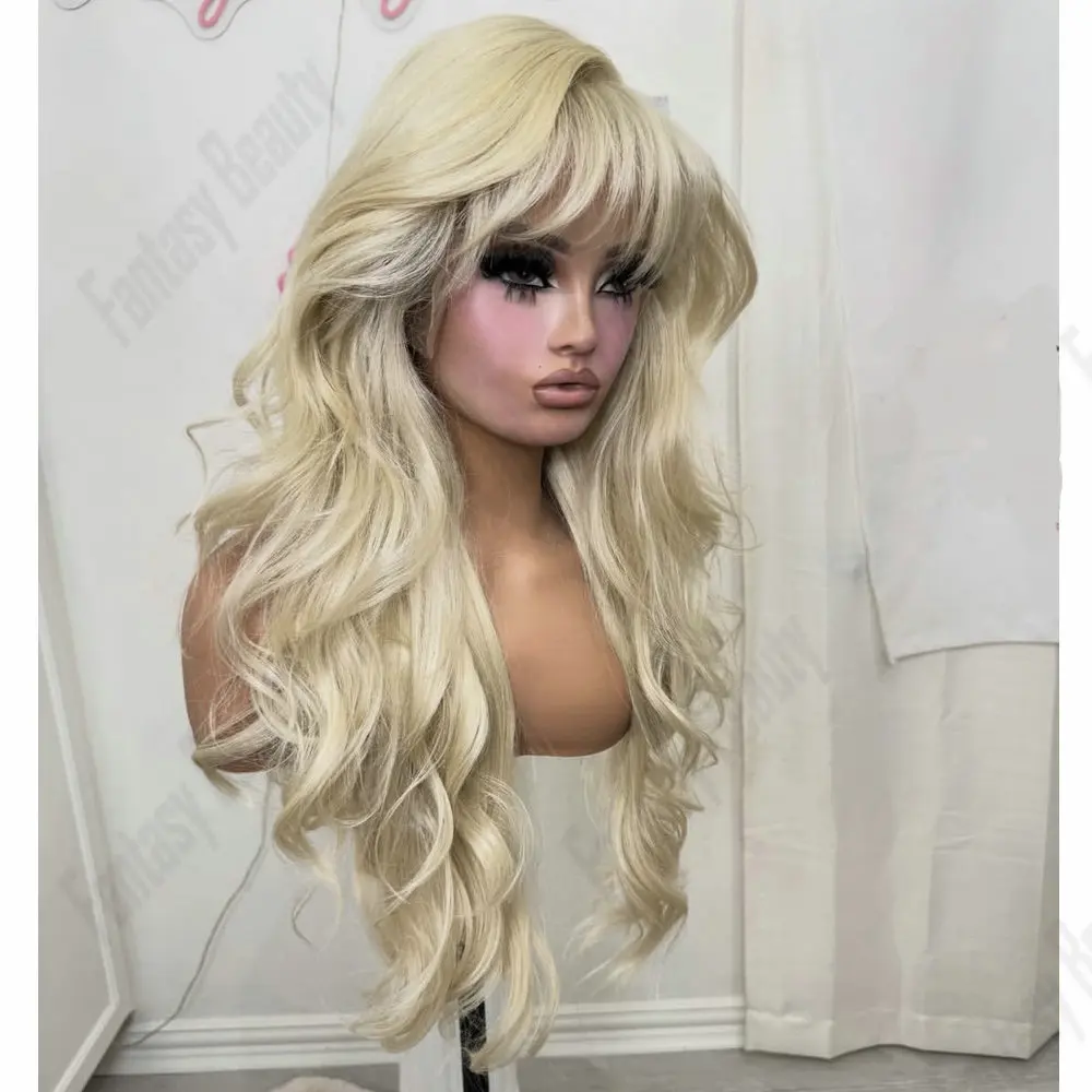 

Light Blonde 13x6 Lace Front Wig with Transparent Side Part Natural Bangs Human Hair for Women Glueless Perplucked Full Lace Wig