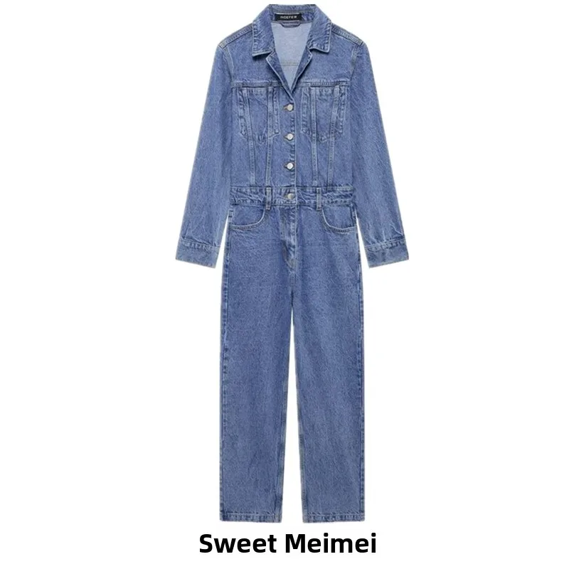 

Casual Long Sleeve Denim Overalls Straight Leg Long Length Autumn Winter New Arrival Women's Fashion mid Waist Trousers