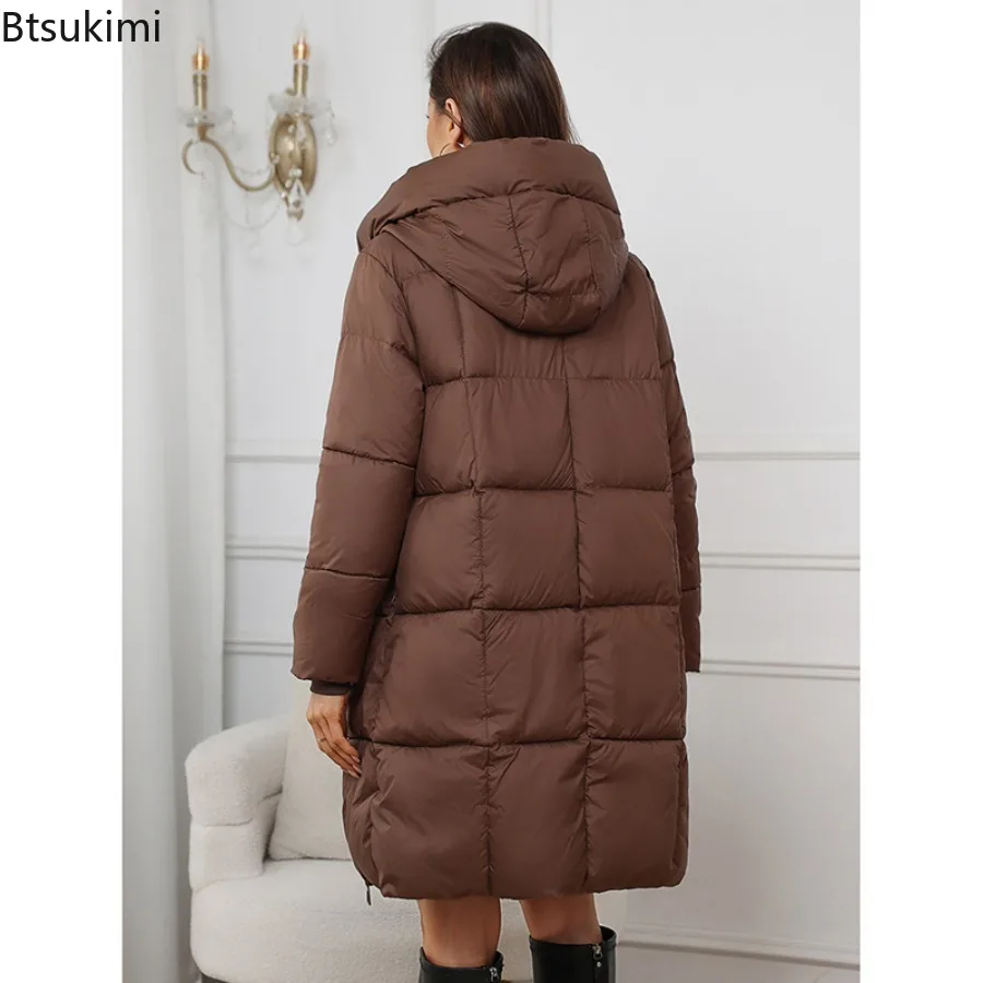 Women's Long Parkas  2025 New Hooded Loose Solid Color Overcoat Women Cotton Jacket Mid-Length Slim Fit Thick Warm Padded Coats