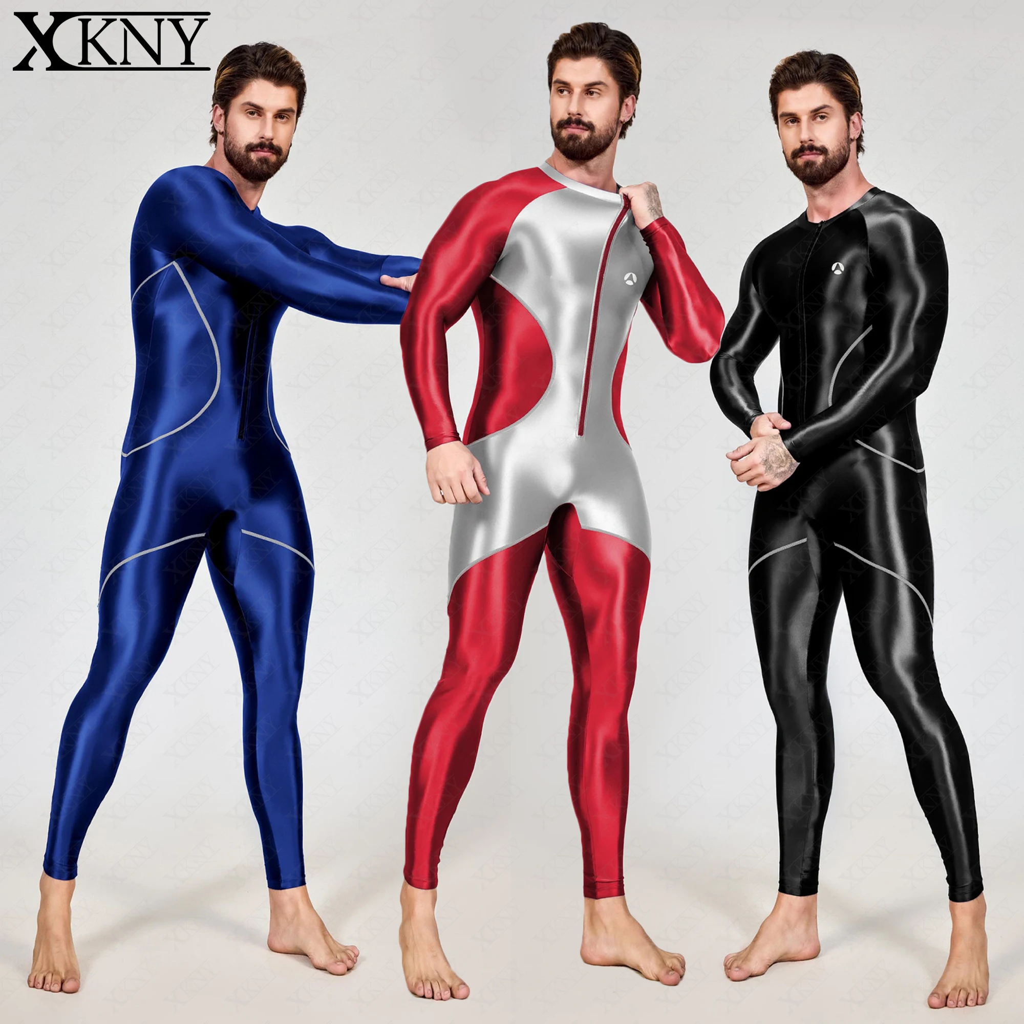 

AMORESY glossy tights men color blocking long-sleeved trousers tights yoga sportswear multi-purpose bodysuit shinny sportswear
