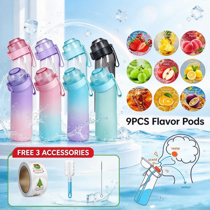 LUSQI 500ML/650ML Flavor Sports Water Bottle 9 Flavor Rings With Straw Bottle Brush Stickers Leak-Proof For Gym Hiking Travel