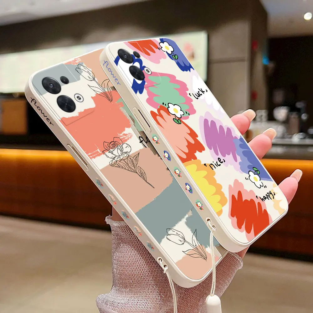 Color Art Graffiti Phone Case for OPPO Reno 3 4 8 8T 8Z 7 7Z 6 5 F19 F9 Pro 4G 5G Liquid Soft Silicone Cover with Hand Strap