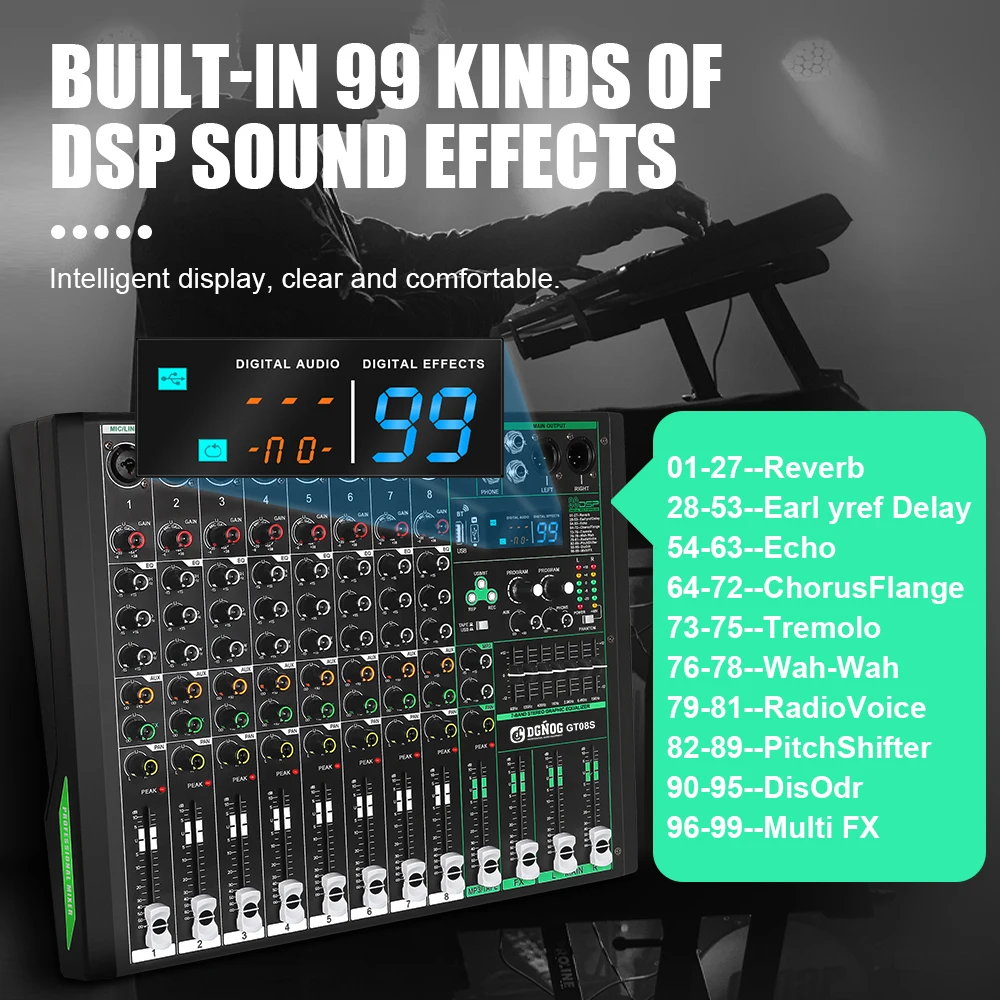 Professional Audio Mixer DGNOG GT08S 8 Channel Sound Board Console DJ Mixing System 99 DSP Sound Table for Stage Party Studio