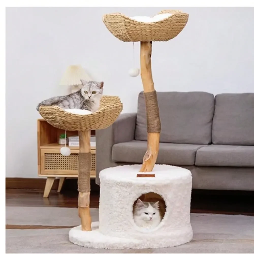 

Wood Modern Cat Tree Tower For Indoor Cats Large Adult, Wooden Kitty Climbing Tower With ching Post And Bed, Boho Aestheti
