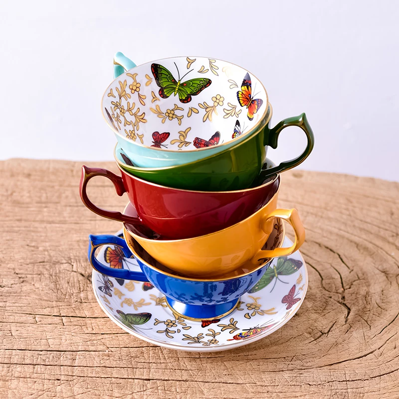 

European Style Luxury Coffee Cup and Saucer Set, British Afternoon Tea Party, Butterfly Bone China Porcelain Teacup