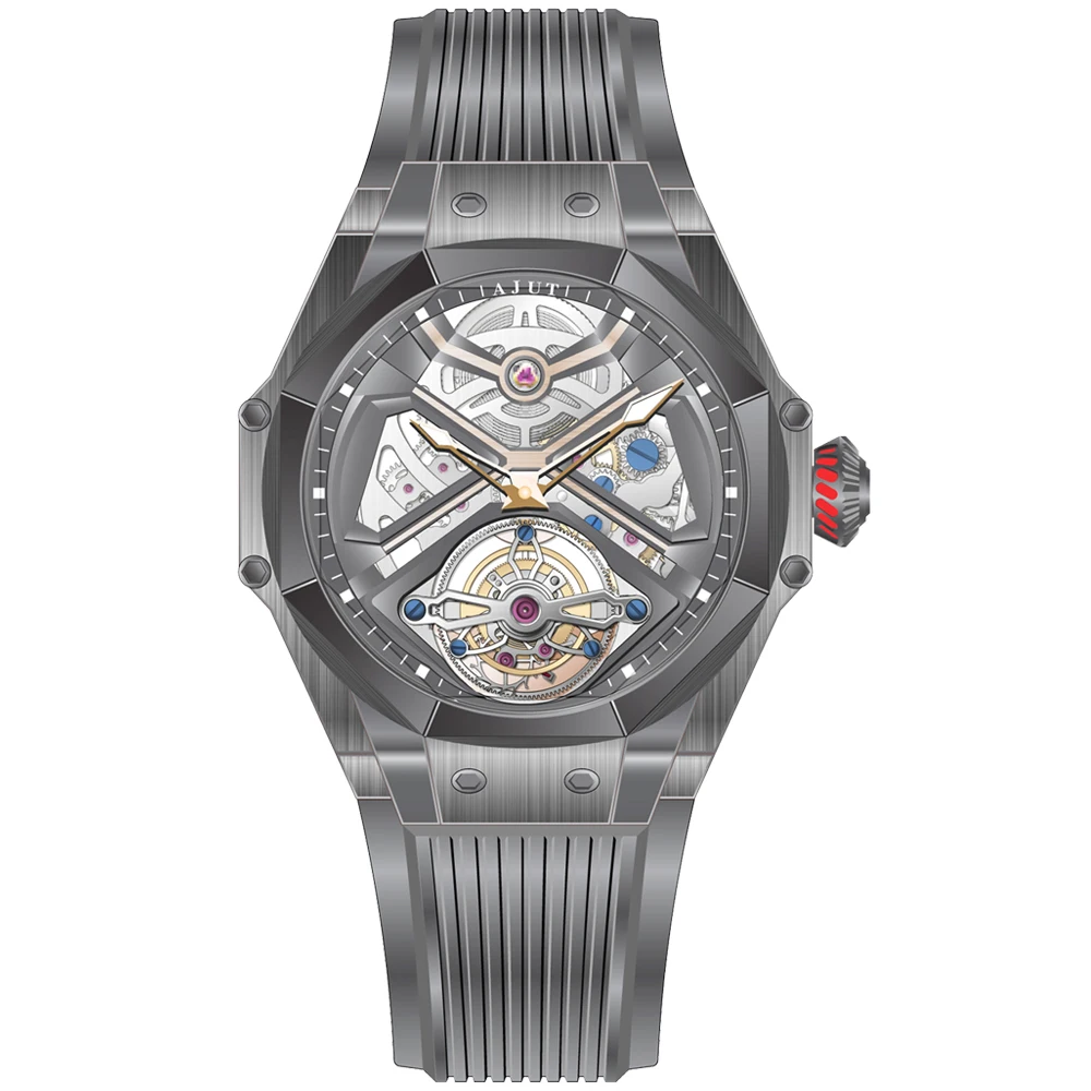 AJUT Automatic Tourbillon Watch For Man Skeleton Sapphire Luxury Flying Tourbillon Mechanical Mens Watches 0370