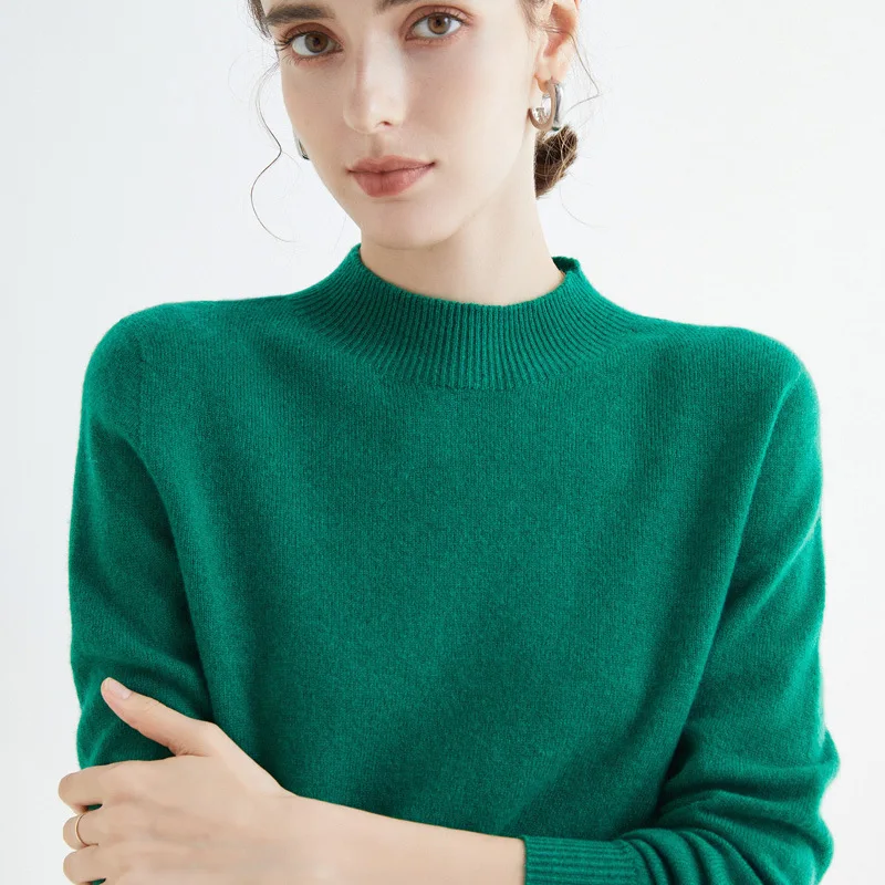 New seamless ready clothing autumn winter semi high neck pure wool inner layer Women's long sleeved knitted base sweater pullove