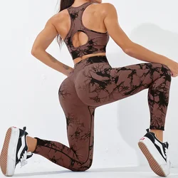 High Waist Seamless Sports Gym Yoga Bra Pants Leggings Set Tie Dye Yoga Suit Exercise Running Fitness Women Workout Tights Set