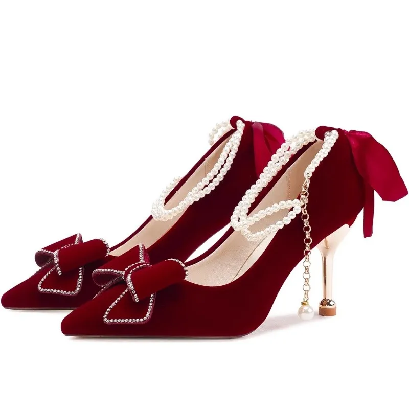 

Новые женские туфли 2026 года в китайском стиле, винно-красные, на толстом каблуке, для свадьбы