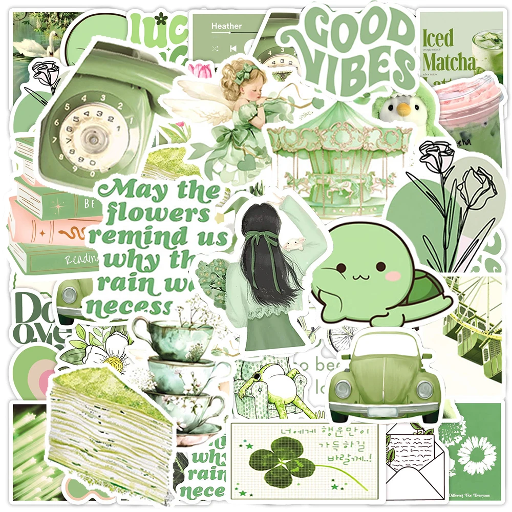 10/30/50 pçs verde vintage dos desenhos animados adesivos estéticos kawaii meninas decalque diy scrapbooking notebook portátil adesivo à prova dwaterproof água presente