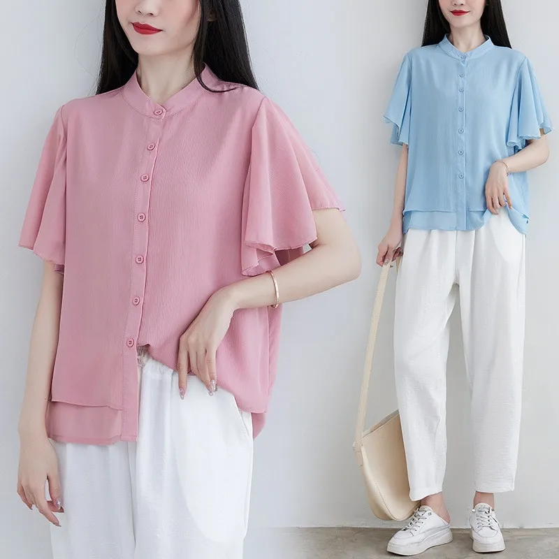 

Summer New Loose Fit Stand Collar Pure Color ort Sve Blouse Women's irt 4 Colors Available Commute Sle Polyester Fa...