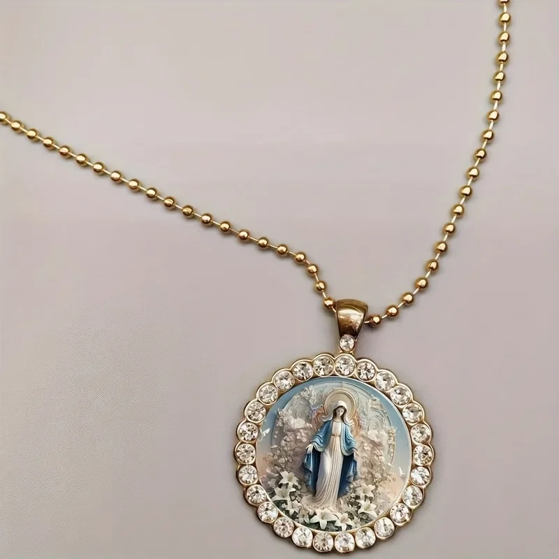 Retro Luxury Virgin Mary Necklace with Painted Glass Center And Crystal Halo Elegant Religious Pendant Unisex for Wedding Birthd