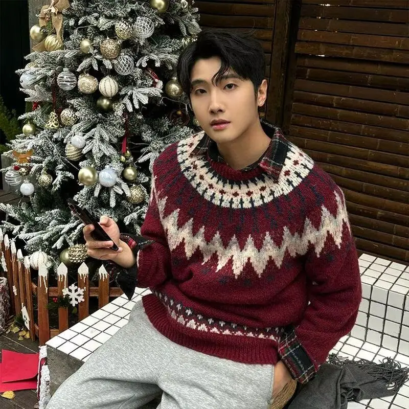 

Cisas Theme V-Ne Вязаный свитер Мужской повседневный свободный крой с геометрическим узором Long Sve Faionable Осень Зима