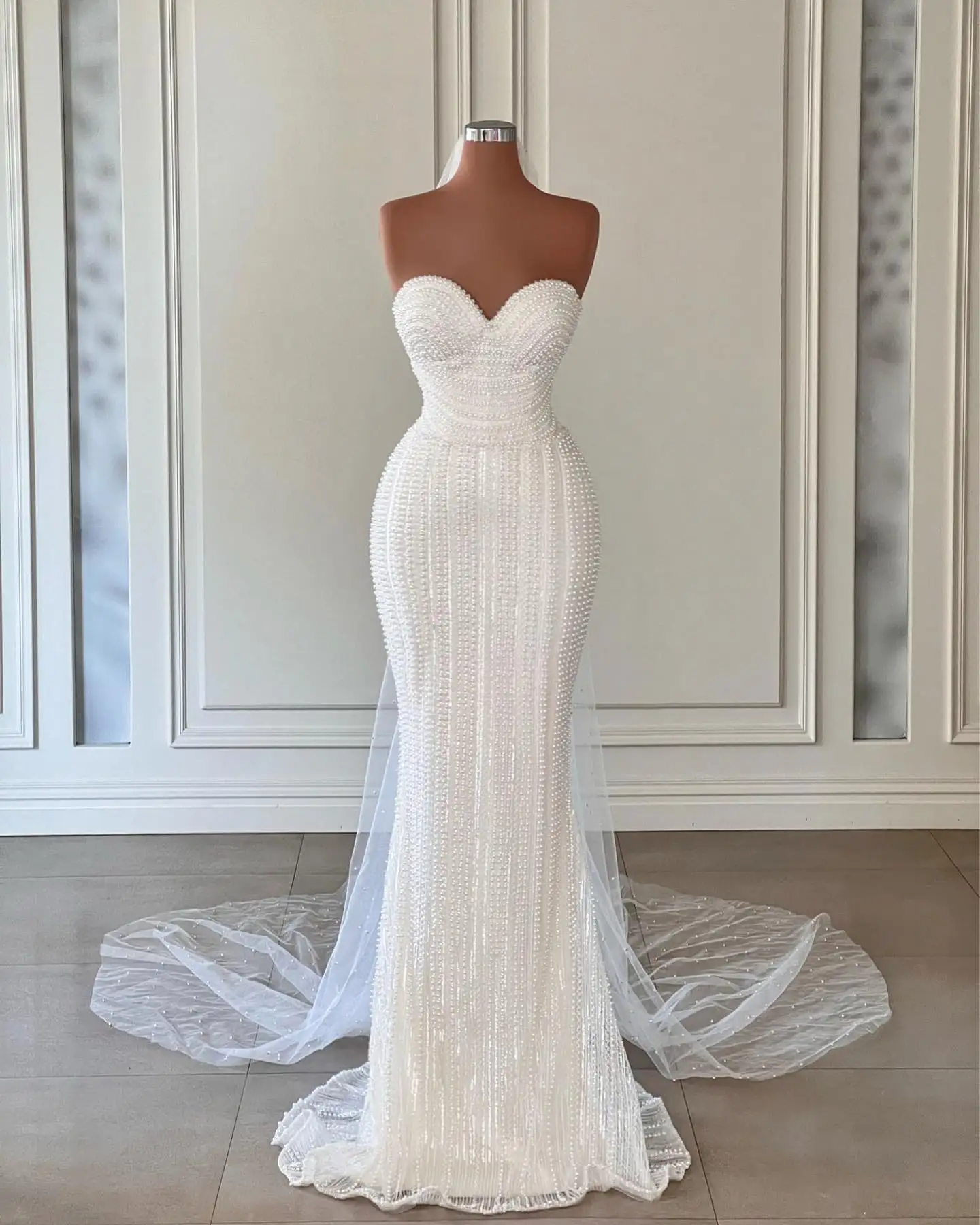 Luxury Beaded Mermaid Wedding Dress Sweatheart Floor-Length Sleeveless With Long Train Bridal Gowns Custom Vestidos De Novia