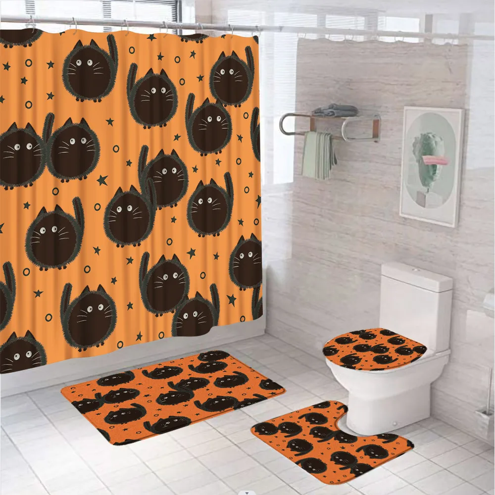 4Pc Cute Black Cat Shower Curtain Set Halloween Pumpkin Fabric Screen Non-Slip Rug Toilet Lid Cover Bath Mat Bathroom Decor Home