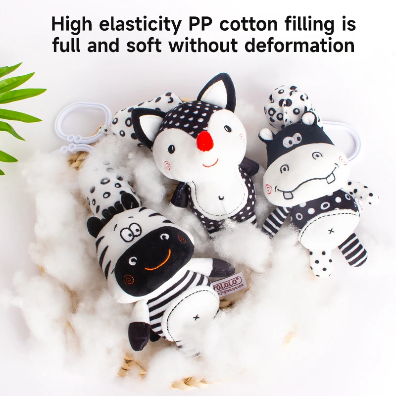 Newborn Stroller Ring The Bell Toys New Black And White High Contrast Cartoon Animal Toys Visual Training Plush Rattle Toys Gift