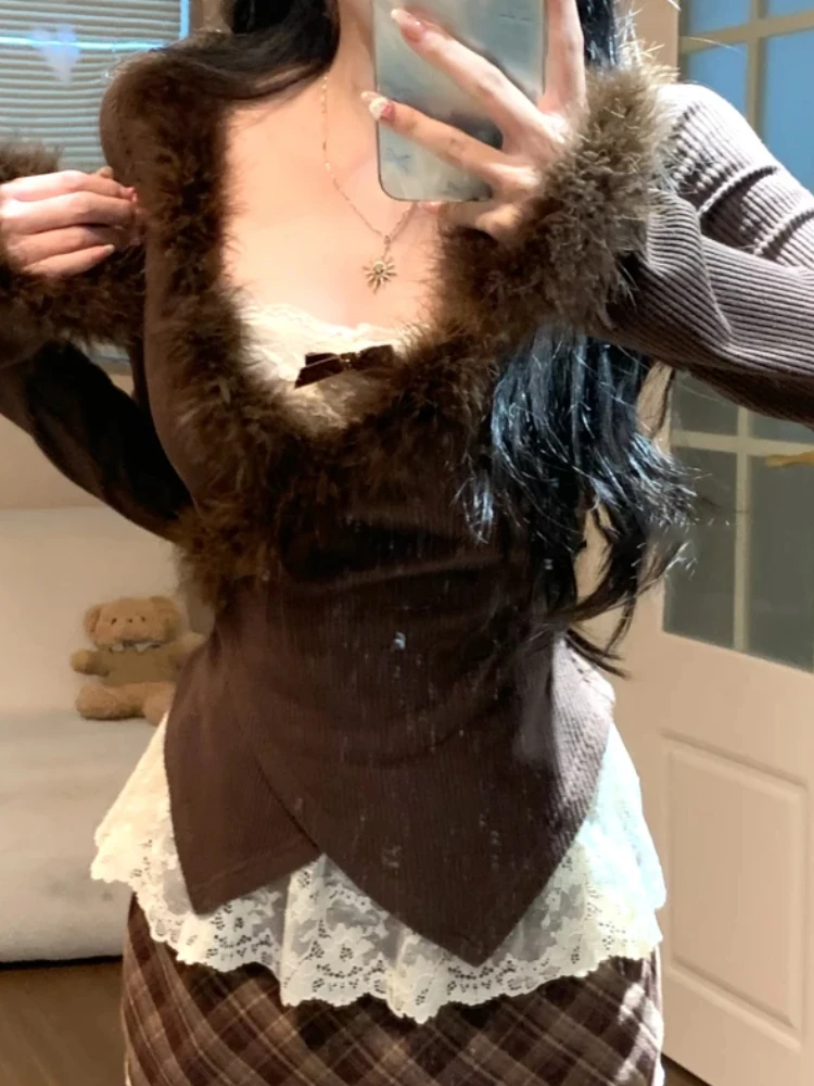 الخريف الحلو مثير Y2k الفرنسية تصميم دافئ 3 قطعة مجموعة الدانتيل الرسن القمم + الفراء طوق سترة منقوشة تنورة صغيرة شيك المرأة البدلة #5