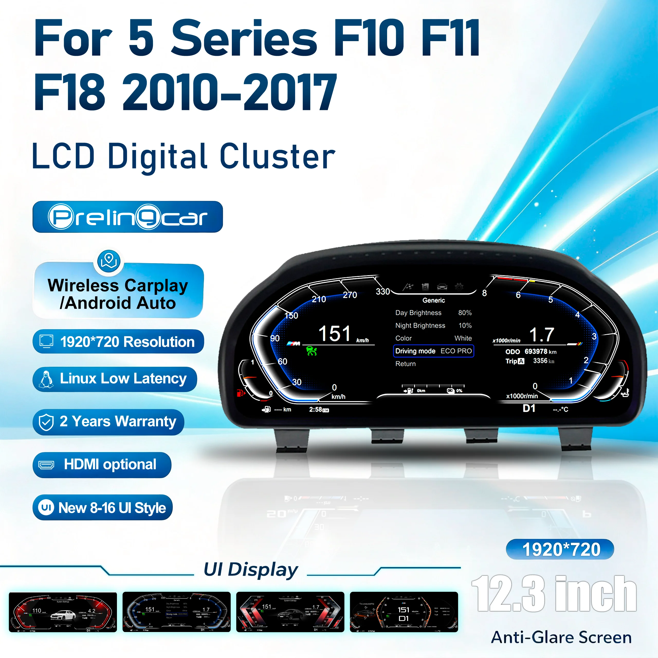 PRELINGCAR Virtual Speedometer Cluster For BMW 5 Series F10 F11 F18 2010-2017 Years Cockpit Dashboard Digital Instrument Paneel