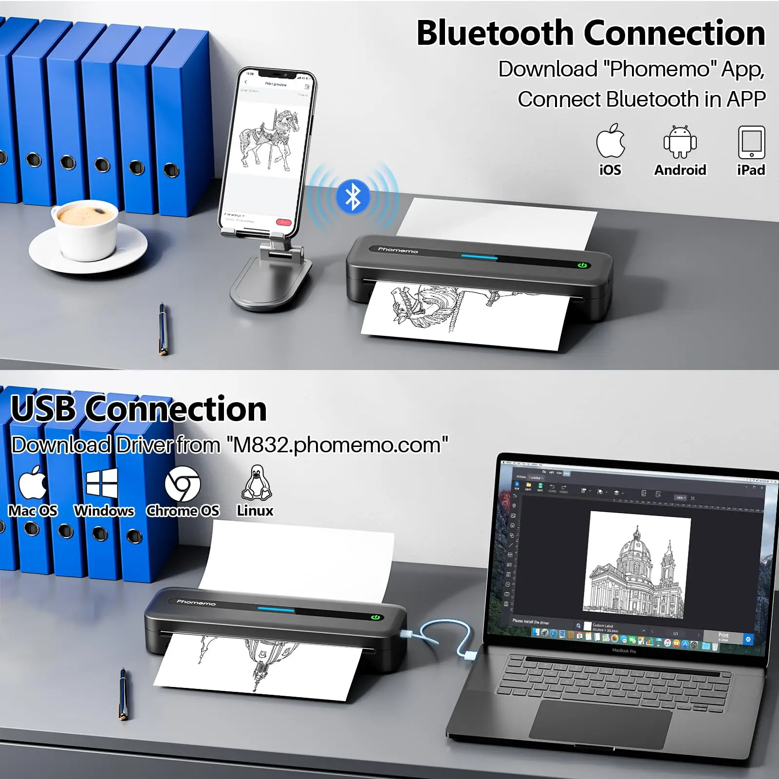 M832 Printer with Case for Outdoor Portable Printers Wireless Bluetooth Mobile Printer for Buisness Travel Home Office School