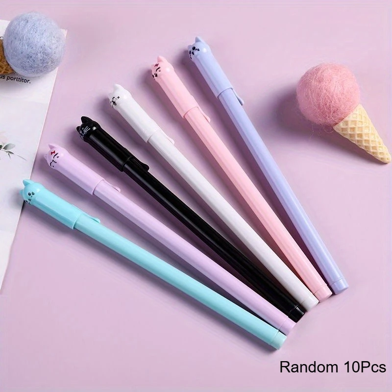 Random 10Pcs Cat Design Plastic Gel Pens Black Ink Animal Writing Stationery Office Supplies Back-to-school Gifts
