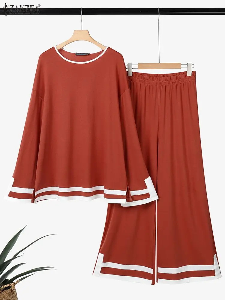 

Осенние вязаные комплекты из 2 предметов ZANZEA, стильная женская одежда, повседневные топы с круглым вырезом и длинными рукавами, комплекты брюк, лоскутный спортивный костюм оверсайз