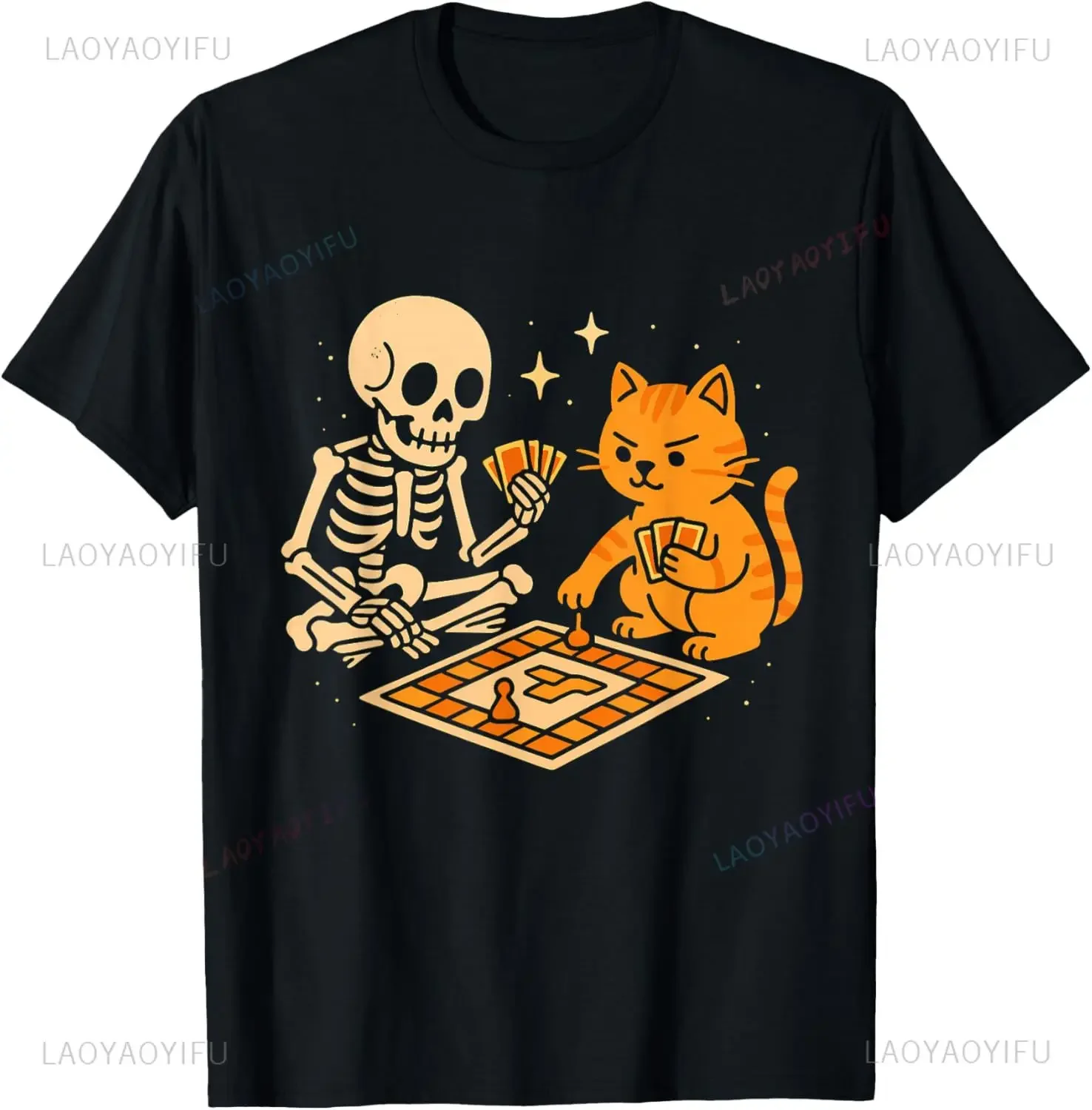 

Skeleton and Cat Playing Board Game Graphic Tee Cotton Crewneck Short Sleeve T-Shirt