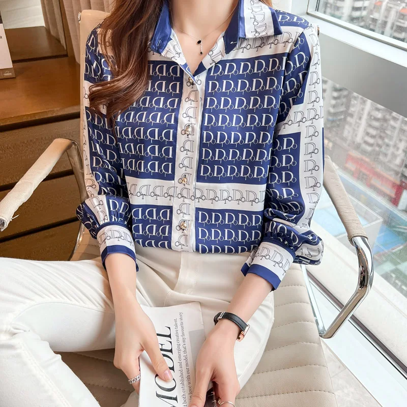 

Women Letter Printed Chiffon Shirts Elegant Chic Loose Long Sleeve Blouse Temperament Fashion Comfortable Loose Tops