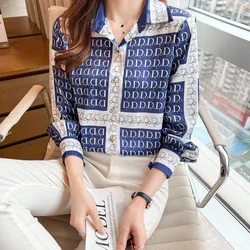 Women Letter Printed Chiffon Shirts Elegant Chic Loose Long Sleeve Blouse Temperament Fashion Comfortable Loose Tops