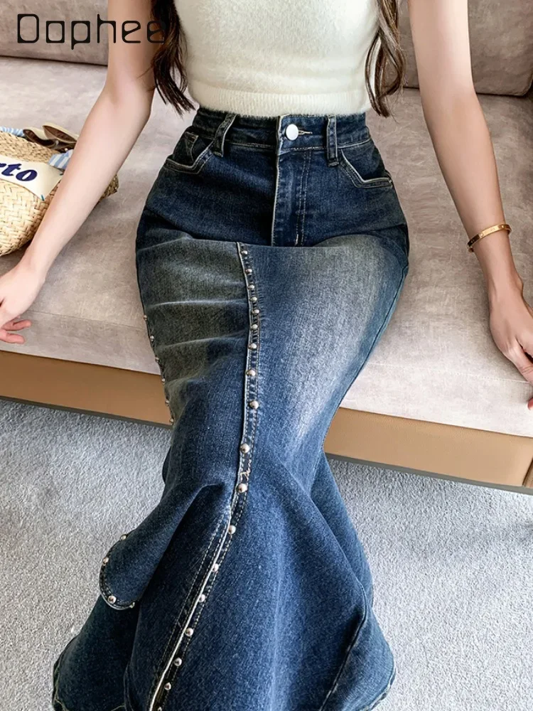 

Rivet Denim Fishtail Skirt Y2k Split Bodycon All Match High Waist Slim Retro Long Skirt Women Street Mermaid Skirt Trendy