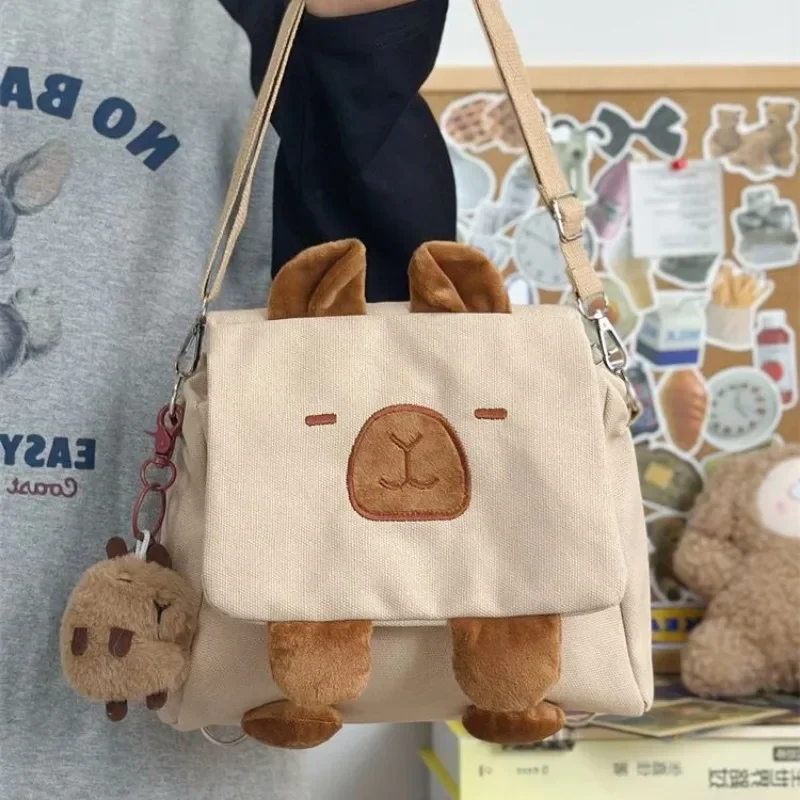 Xiuya Cute Capybara Shoulder Bag for Women Canvas Small 2024 New Fashion Cartoon Backpack Kawaii Simple Designer Female Handbag