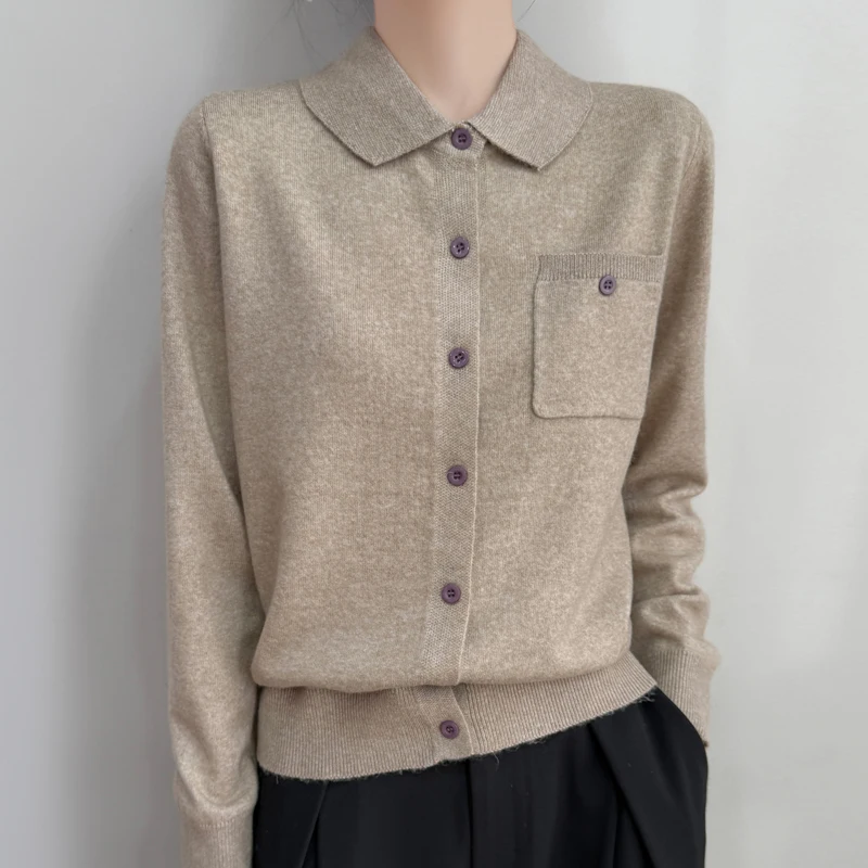 Spring 2025 New Polo Neck Cardigan Women\'s Pure Wool Sweater Jacket Fashion Solid Color Knitted Jacket Women\'s Clothes