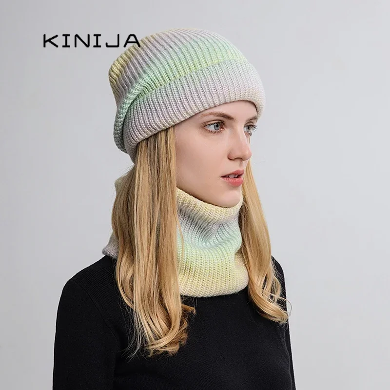 Women Winter Hat Gradient Striped Ski Hat Neck Warmer Female Tie Dye Beanie Russia Outdoor Thicken Plush Hat+Scarf Set