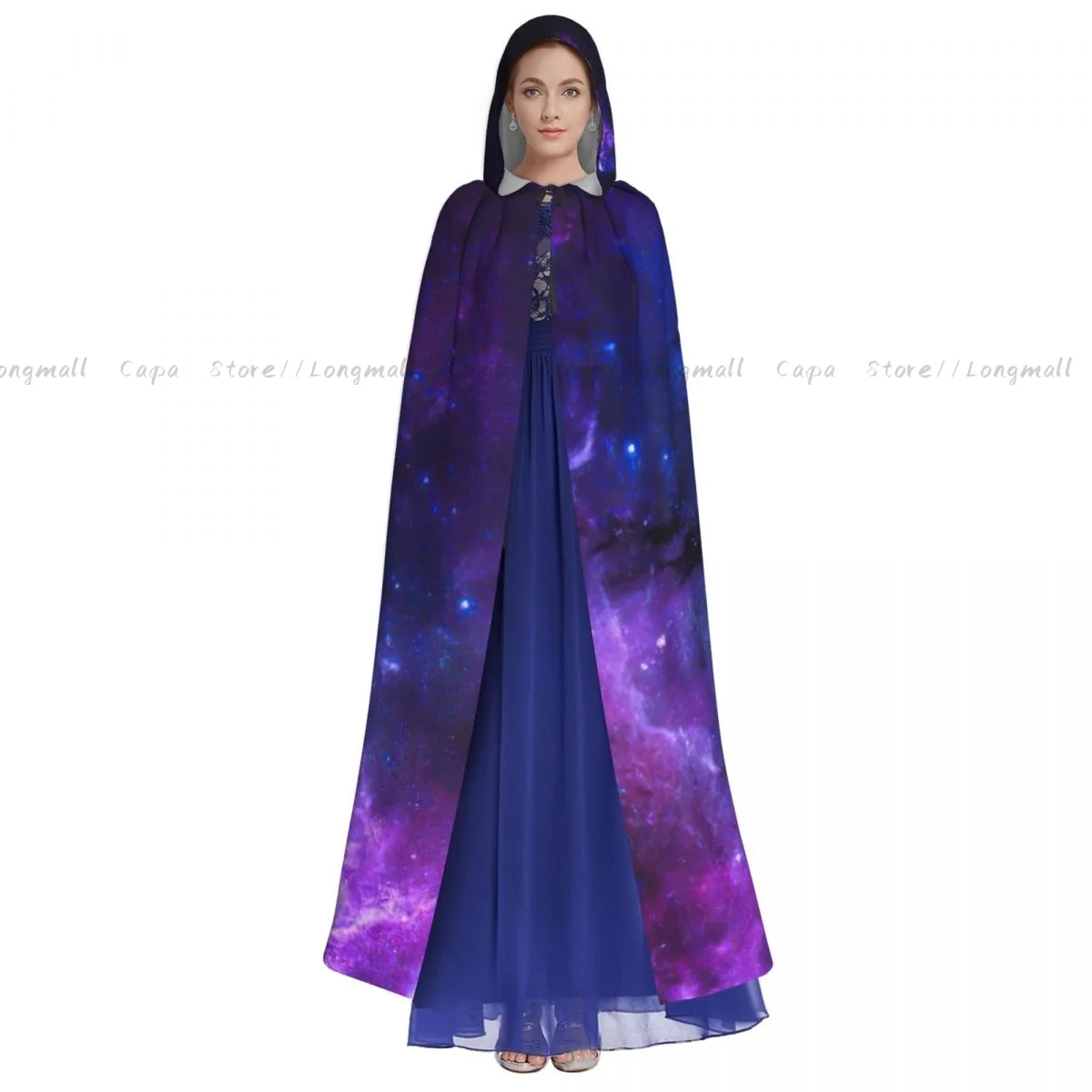 Blue Galaxy Print Cloak Hooded Cosplay Costume Halloween Adult Long Party Cape