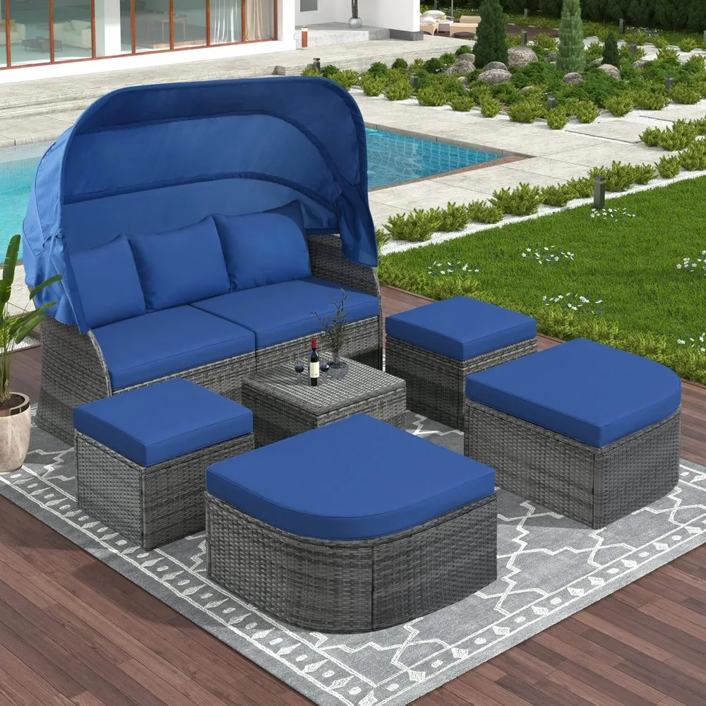 

Patio Furniture Set Daybed with Lift-top Table & Retractable Canopy,Wicker Rattan Outdoor Conversation Set w/Upholstered Cushion