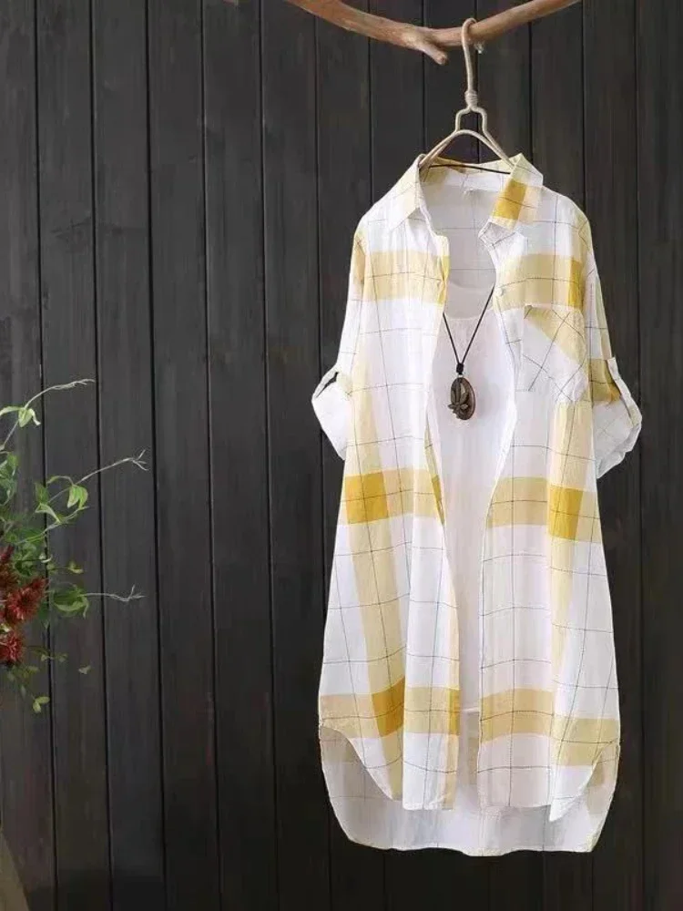 

Желтые клетчатые женские повседневные блузки с длинными рукавами, свободные осенние элегантные рубашки, женские топы большого размера, одежда, подходящая для повседневной носки
