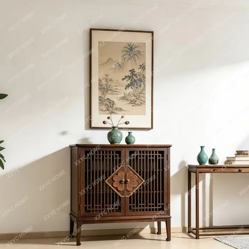 

FFNew Chinese solid wood dining edge, entrance cabinet, retro wind carved door panel storage, living room decorative cabinet