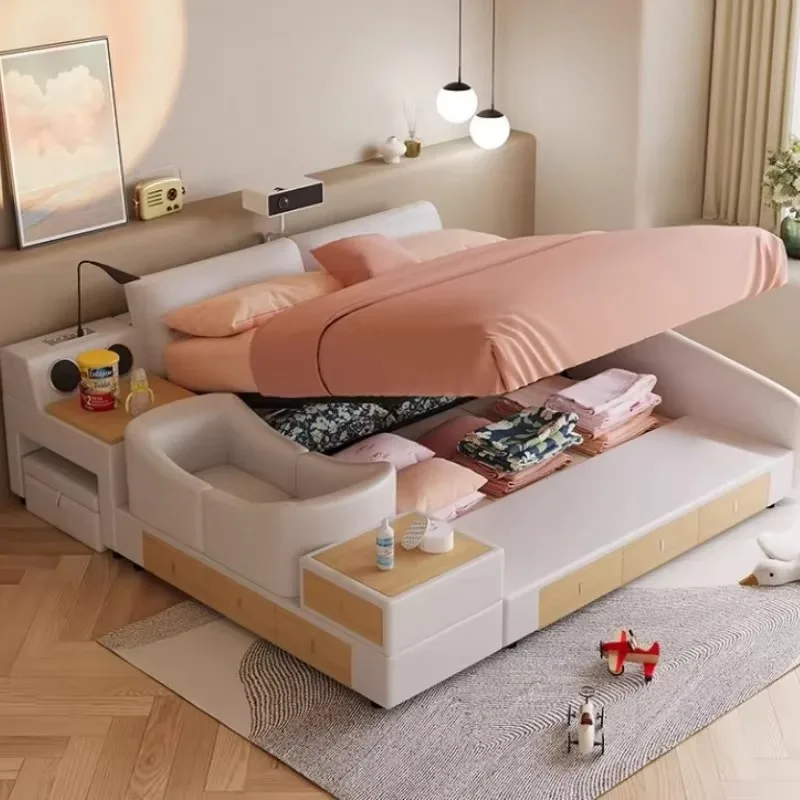 Luxury Girls Multi Functional Bed Organizer Beige Full Size Bedroom Double Bed Twin Smart Bedframe Camas De Dormitorio Furniture