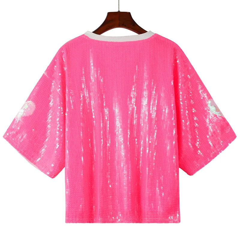 Summer New Fashion Sequin Casual Loose T-shirt Versatile Round Neck Women Short Sleeved Valentine's Day Tops